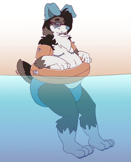 ageplay anthro blue_diaper blue_ears blue_nose brown_body brown_fur chest_scar closed_smile clothed clothing diaper eyes_closed eyewear fangs fur glasses gloves_(marking) infantilism inflatable leg_markings male male_anthro markings mastectomy_scar mouth_closed overweight overweight_anthro overweight_male partially_submerged rectangular_glasses roleplay scar simple_background smile socks_(marking) solo teeth topless wearing_diaper white_body white_fur hardscales canid canine canis domestic_dog mammal hi_res signature