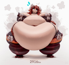 accessory anthro bar_emanata bedroom_eyes belly belly_folds big_belly big_breasts biped black_eyeshadow blue_emanata breasts choker clothing countershading cracked_ground cracks deep_navel ear_piercing ear_ring emanata eyeshadow female female_anthro flower flower_in_hair fur grey_emanata hair hair_accessory hand_on_own_belly heart_nose heart_symbol huge_belly huge_breasts huge_thighs hyper hyper_belly imperial_unit jewelry lace legwear looking_at_viewer makeup morbidly_obese morbidly_obese_anthro morbidly_obese_female narrowed_eyes navel necklace obese obese_anthro obese_female overweight overweight_anthro overweight_female pattern_clothing pattern_legwear pattern_stockings piercing plant red_ears red_hair ring_piercing seductive solo standing stated_weight stockings straps striped_clothing striped_legwear striped_stockings stripes tan_body tan_countershading thick_thighs thigh_highs white_bow white_flower miluinaoxie evie_(one_tru_prophet) deer mammal 2023 digital_media_(artwork) digital_painting_(artwork) hi_res painting_(artwork)