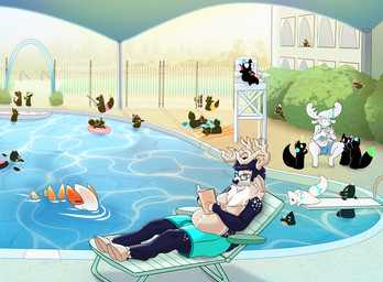 anthro biped black_hair bra breasts bulge clothed clothing cloven_hooves detailed_background detailed_bulge feral genital_outline group gynomorph hair hooves intersex male penis_outline swimming_pool underwear white_body lysergide nintendo pokemon generation_2_pokemon legendary_pokemon lugia pokemon_(species) hi_res