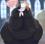 anthro big_breasts big_tail bite biting_lip biting_own_lip blonde_hair bodily_fluids breasts candle church clasped_hands curvy_figure dialogue drooling eyewear female fur glasses hair half-closed_eyes heart_symbol huge_breasts looking_at_viewer musk narrowed_eyes nipple_outline nun nun_outfit obese obese_anthro obese_female overweight overweight_anthro overweight_female saliva self_bite solo sweat tail thick_thighs white_body white_fur wide_hips yellow_body yellow_fur boxgoat maple_(maplemash) mammal procyonid raccoon hi_res