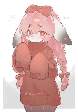 :< ambiguous_gender anthro blush braided_hair clothing eyelashes glistening glistening_ears glistening_hair glistening_thighs hair heart_eyes heart_symbol kemono long_hair looking_at_viewer oversized_clothing oversized_sweater oversized_topwear pink_hair red_bow red_clothing red_eyes red_sweater red_topwear shy simple_background small_nose solo standing sweater topwear white_background young nova_kemono ambiguous_species hi_res watermark