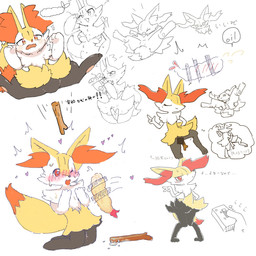 3_fingers 3_toes ambiguous_anthro ambiguous_gender anthro arm_tuft bikini bikini_top biped black_body black_fur black_nose blush blush_lines bodily_fluids breasts censor_bar cheek_tuft chest_tuft clothing creative_censorship cross-popping_vein cute_fangs digitigrade dipstick_tail emanata eyelashes eyes_closed facial_tuft fangs feet female female_anthro fingers fluffy fluffy_tail food food_fetish fur genital_fluids gesture hand_gesture hand_on_butt heart_eyes heart_symbol hindpaw holding_object holding_stick inner_ear_fluff kneeling knock-kneed looking_at_viewer lying markings multicolored_body multicolored_fur nude_ambiguous nude_anthro object_in_mouth on_back one_eye_closed open_mouth orange_body orange_eyes orange_fur orange_nose orange_tail_tip pawpads paws pink_pawpads pointy_ears prick_ears remote_controlled_vibrator saliva shoulder_tuft simple_background smile snout solo speech_bubble spread_legs spreading standing stick suggestive suggestive_food sweat sweatdrop swimwear tail tail_markings teeth tempura text thought_bubble toes tuft two-piece_swimsuit two_tone_tail v_sign vaginal_fluids white_background white_body white_fur wink yellow_body yellow_fur yellow_tail hurai_of_kaki yakiniku628 nintendo pokemon braixen canid generation_6_pokemon mammal pokemon_(species) 1:1 artist_collaboration censored colored colored_sketch hi_res japanese_text multiple_images sketch sketch_page translated