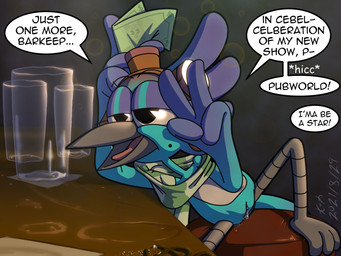 anthro bodily_fluids clothed clothing drunk female furniture genital_fluids genitals money partially_clothed public slurred_speech solo stool substance_intoxication table vaginal_fluids vulva kitsoone hubworld kiwi_(hubworld) avian 4:3 hi_res