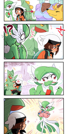ambiguous_gender angry anthro bag black_eyes blue_eyes blush bodily_fluids breasts brown_eyes brown_hair clothed clothing exclamation_point eyes_closed female feral fur grass green_hair group hair hand_on_head hand_on_hip hands_behind_head hat headgear headwear humor interrobang interspecies leaf looking_at_another looking_at_another's_breasts looking_at_breasts looking_down male nervous not_furry_focus open_mouth outside petting plant pokephilia pose purple_eyes question_mark red_eyes smile sweat text tree bano_akira nintendo pokemon brendan_(pokemon) canid canine elemental_creature flora_fauna gardevoir generation_1_pokemon generation_3_pokemon human jigglypuff mammal ninetales pokemon_(species) reptile scalie sceptile waddling_head comic hi_res japanese_text translated