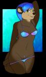 anthro bikini blue_hair brown_body brown_fur clothed clothing female fur genitals green_eyes hair looking_at_viewer panties panties_down partially_clothed pubes pussy simple_background smile solo swimwear two-piece_swimsuit underwear underwear_down os mammal mustelid otter 2017 alpha_channel