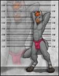 4_toes amixeduppuppy anthro barefoot biped blue_eyes brown_body brown_fur bulge canid canine canis claws clothed clothing digitigrade feet front_view fur grey_body grey_fur hair hands_behind_head jockstrap looking_at_viewer male mammal mugshot navel orange_hair pink_nose pose short_hair skimpy smile solo standing toes topless underwear wolf zoom_layer