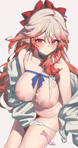 blush bodily_fluids breasts choker clothing condom cum cum_on_breasts cum_on_face female genital_fluids high-angle_view humanoid_pointy_ears jacket jewelry looking_at_viewer navel necklace nipples not_furry pointy_ears pose pubes red_eyes sexual_barrier_device simple_background solo topwear underwear white_background white_clothing white_jacket white_topwear airseal arknights hypergryph studio_montagne haruka_(arknights) cyprinid cypriniform fish goldfish goldfish_humanoid humanoid marine absurd_res colored digital_drawing_(artwork) digital_media_(artwork) hi_res shaded