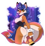 amber_eyes anthro areola areola_slip big_breasts big_butt black_nose blue_hair blurred_background braided_hair breasts butt canid canine carmelita_fox city city_background cityscape clothed clothing corset cuffs_(clothing) digital_media_(artwork) ear_piercing ear_ring eyebrows eyelashes female fluffy fluffy_tail fox gun hair hi_res kaijumilk lingerie lips long_hair long_tail looking_at_viewer looking_back mammal piercing pink_lips punkinbuu raised_eyebrow ranged_weapon ring_piercing shaded simple_background sly_cooper_(series) solo sony_corporation sony_interactive_entertainment sucker_punch_productions tail topwear weapon white_background yellow_eyes