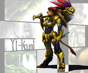 3_toes 5_fingers anthro armor axe breasts brown_body brown_fur claws clothed clothing digitigrade feet female fingers fluffy fluffy_tail fur hair holding_object holding_weapon knife melee_weapon multicolored_body multicolored_fur red_body red_eyes red_fur red_hair solo tail toes two_tone_body two_tone_fur weapon link2004 felid hybrid lagomorph leporid mammal pantherine rabbit