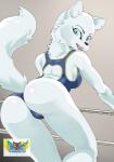 anthro arctic_fox backless_clothing backless_leotard black_nose blue_eyes breasts butt canid canine clothed clothing daigaijin exposed_back female fenny_(furryfight_chronicles) fox fur furryfight_chronicles hi_res leotard looking_at_viewer looking_back mammal open-back_leotard smile solo true_fox white_body white_fur