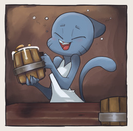 alcohol anthro beer beverage blue_body blue_fur breasts clothed clothing drinking drunk eyes_closed female front_view fur mature_anthro mature_female open_mouth solo substance_intoxication katlek cartoon_network the_amazing_world_of_gumball nicole_watterson domestic_cat felid feline felis mammal 2019 hi_res