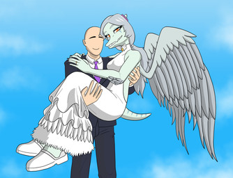 anthro bald biped black_clothing black_suit blue_body bone_frill breasts bridal_carry canon_couple carrying_another clothed clothed_anthro clothed_female clothed_human clothed_male clothing cloud day digit_ring dress duo elbow_feathers feathered_wings feathers feet female fingers footwear frill_(anatomy) front_view grey_body grey_feathers grey_hair hair happy human_on_anthro humanoid_feet humanoid_hands interspecies jewelry long_hair looking_at_viewer low-angle_view male male/female markings married_couple medium_breasts necktie non-mammal_breasts orange_eyes outside plantigrade ring romantic romantic_couple shoes short_tail simple_background sky smile standing striped_markings stripes suit tail teeth wedding_dress wedding_ring white_clothing white_dress wings areloch cavemanon_studios goodbye_volcano_high ko_op_(game_developer) snoot_game anon_(snoot_game) fang_(gvh) human mammal prehistoric_species pterodactylus pterosaur reptile scalie colored hi_res shaded