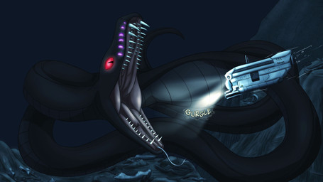 belly big_belly black_belly black_body black_tail duo feral feral_pred open_mouth purple_light red_eyes red_light rumbling_stomach submarine tail underwater vehicle vore water watercraft akaikosh reptile scalie snake 16:9 2020 hi_res widescreen