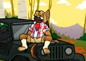 anthro bottomwear clothing forest kerchief looking_at_sky male male/male plant shirt shorts sitting_on_car solo spread_legs spreading sunset t-shirt tired tired_eyes topwear tree felestrist jeep ryan_(dokapi) canid canine canis domestic_dog german_shepherd herding_dog mammal pastoral_dog absurd_res hi_res