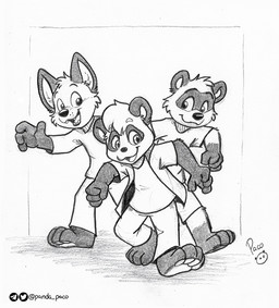 anthro barefoot cheek_tuft closed_smile clothed clothing facial_tuft feet front_view gloves_(marking) group head_tuft leg_markings logo male markings mouth_closed open_clothing open_mouth open_smile open_topwear smile socks_(marking) standing topwear trio tuft young young_anthro young_male pandapaco art_(pandapaco) biro_(pandapaco) bear canid canine giant_panda mammal procyonid raccoon artist_logo monochrome signature