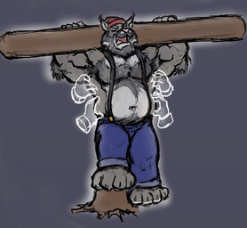 4_toes anthro belly biceps biped blue_bottomwear blue_clothing blue_pants bottomwear clothing disembodied_hand feet grey_background hat headgear headwear laugh log lumberjack male muscular muscular_anthro muscular_arms muscular_male navel open_mouth open_smile pants pecs pink_nose pink_tongue red_clothing red_hat red_headwear simple_background smile solo_focus suspenders tickle_fetish tickling tickling_sides toes tongue tree_stump wood kctk felid feline ghost lynx mammal spirit