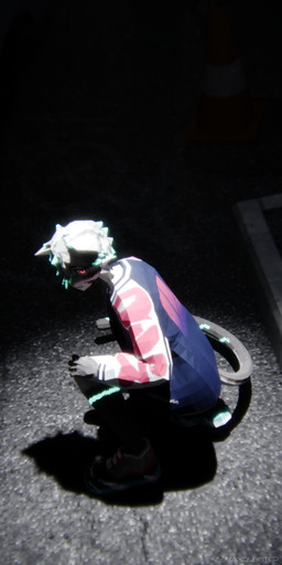 anthro blue_claws blue_clothing blue_coat blue_footwear blue_hair_tips blue_markings blue_shoes blue_topwear claws clothing coat dark_lighting dark_spots ears_down femboy footwear fur fur_markings glowing glowing_eyes glowing_hair_tips glowing_markings grey_body grey_fur grey_hair hair high-angle_view low_poly male markings oversized_clothing pink_eyes pivoted_ears print_clothing print_topwear shoes sitting solo tail topwear white_sleeves maxdubstep max_(pestbudmax) domestic_cat felid feline felis mammal 3d_(artwork) digital_media_(artwork) hi_res high_contrast