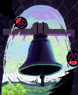 ambiguous_gender bell black_body blue_sky brick brick_wall detailed_background duo grass plant red_insides sharp_teeth sky surrealism teeth toony wall_(structure) demensa monster digital_media_(artwork) hi_res pixel_(artwork)