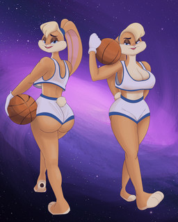 anthro basketball basketball_uniform big_breasts big_butt blonde_hair breasts butt cleavage clothed clothing duo female glance gloves hair handwear long_ears multiple_poses pose sportswear thick_thighs under_boob uniform wide_hips thebolo looney_tunes warner_brothers lola_bunny lagomorph leporid mammal rabbit 4:5 absurd_res hi_res