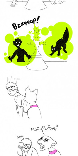 bodily_fluids body_swap clothing collar confusion crying ears_down eyelashes eyewear female fur glasses happy machine male onomatopoeia pivoted_ears purring shirt sleeping sound_effects stress tail tears text topwear nighjilax domestic_cat felid feline felis human mammal hi_res