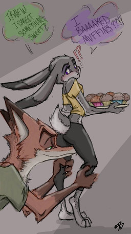 anthro barefoot clothed clothing dialogue feet female food fur gloves_(marking) green_eyes holding_object interrobang leg_grab long_ears looking_back male markings muffin purple_eyes rear_view simple_background smile surprised text tray rarewhoroastbeast disney zootopia judy_hopps nick_wilde canid canine fox lagomorph leporid mammal rabbit red_fox true_fox 2016 9:16 english_text hi_res