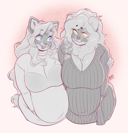 anthro arm_grab belly belly_to_belly big_belly big_breasts blue_eyes breasts clothed clothing duo eyebrow_through_hair eyebrows female fur hair huge_breasts long_hair motion_lines open_mouth pregnant striped_body striped_fur stripes sweater teeth tongue topwear translucent translucent_hair yellow_eyes buxbi buxbi_(character) marzipan_(tiggybloom) felid mammal pantherine tiger 2026 greyscale monochrome signature spot_color