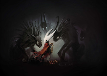 ambiguous_gender anthro biped black_body cloak clothing crouching fur gem group horn pearl_(gem) red_cloak red_clothing standing whiskers white_head creepy_gun hollow_knight_(franchise) rain_world team_cherry videocult hornet_(hollow_knight) arthropod insect scavenger_(rain_world) 2025 crossover digital_media_(artwork) hi_res female_(lore)
