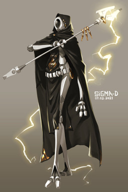 1_eye 2_toes 3_fingers ambiguous_gender belt black_body black_clothing bottomwear cape cloak clothed clothing electricity feet fingers front_view gold_(metal) gradient_background grey_background holding_object holding_weapon hood hood_up machine metallic_body robe simple_background solo staff standing text three-quarter_view toes weapon white_body sigma-d humanoid robot robot_humanoid 2021 absurd_res artist_name dated digital_media_(artwork) english_text full-length_portrait hi_res portrait shaded signature