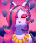 blush eyes_closed female heart_symbol pink_background puckered_lips simple_background solo outta_sync hasbro my_little_pony arrhythmia fan_character thestral hi_res