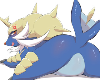 ambiguous_gender angry annoyed armor blue_body blue_fur blue_skin blue_tail blush body_blush butt butt_blush claws cross-popping_vein fangs featureless_crotch feral fin fur glistening headgear horn looking_at_viewer looking_back looking_back_at_viewer lying multicolored_body null on_front open_mouth quadruped raised_tail rear_view red_eyes red_nose shell simple_background solo spikes spread_legs spreading tail tail_fin teeth tongue two_tone_body whiskers white_background taoru nintendo pokemon generation_5_pokemon mammal pokemon_(species) samurott 2021 digital_media_(artwork) hi_res unavailable_at_source