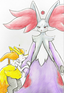 ambiguous_gender anthro blush blush_lines duo fur grey_body grey_fur hugging_arm inner_ear_fluff multicolored_body open_mouth orange_body orange_eyes orange_fur purple_body purple_fur red_body red_eyes red_fur simple_background size_difference sparkles stick tail tongue tuft white_body white_fur yellow_body yellow_fur eiroru nintendo pokemon alpha_pokemon braixen canid canine delphox generation_6_pokemon mammal pokemon_(species) shiny_pokemon 2025 graphite_(artwork) hi_res traditional_media_(artwork)