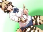 blush bottomwear bow_(feature) bow_tie breasts brown_hair clothed clothing denim denim_clothing female grey_eyes hair legwear multicolored_hair open_mouth pattern_clothing pattern_legwear shirt short_hair shorts solo spots spotted_clothing spotted_legwear tights topwear two_tone_hair isna kemono_friends african_wild_dog_(kemono_friends) african_wild_dog_humanoid animal_humanoid canid canid_humanoid canine canine_humanoid humanoid mammal mammal_humanoid 4:3