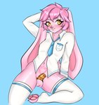 anthro chastity_cage chastity_device clothed clothing crossdressing femboy floppy_ears genitals legwear lop_ears male no_underwear penis pink_body pose school_uniform shirt solo stockings topwear uniform womb_tattoo nisaku atticus_mura lagomorph leporid mammal rabbit absurd_res hi_res pinup