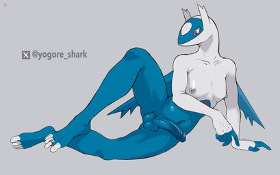 5_fingers 5_toes anthro balls blue_body blue_countershading countershade_face countershade_fingers countershade_toes countershading digit_ring erection feet fingers genitals glans grey_background humanoid_genitalia humanoid_penis jewelry male markings navel nipples nude penis plantigrade red_eyes red_markings ring simple_background solo text toe_ring toes white_body white_countershading yogore_shark nintendo pokemon generation_3_pokemon latios legendary_pokemon pokemon_(species) artist_name hi_res shaded