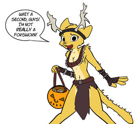 anthro breasts cheek_tuft clothed clothing costume dialogue facial_tuft female fur head_tuft holding_object navel open_mouth simple_background skimpy solo speech_bubble text tuft white_background yellow_body yellow_fur foxipso microsoft prequel_adventure the_elder_scrolls katia_managan felid khajiit mammal 2015 english_text