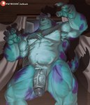 2_horns abs biceps blue_body blue_fur claws fur genitals horn humanoid_genitalia humanoid_penis male muscular muscular_male nipples pecs penis solo spots vein veiny_penis joelbearb disney monsters_inc pixar sulley monster absurd_res hi_res