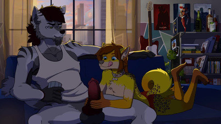 alcohol animal_genitalia animal_penis anthro balls barefoot bass_guitar beverage black_hair blue_eyes bone_collar_tag book bookshelf bottomless bottomless_male breasts brown_hair canine_genitalia canine_penis claws clothed clothing collar collar_tag countershading curtains detailed_background duo erection eyebrows facial_hair fangs feet female fur furniture genitals green_eyes grey_body grey_fur guitar hair handjob holding_glass holding_object inside knot larger_male legs_up licking lingerie lying lying_on_sofa male male/female markings masturbating_on_sofa masturbation multicolored_body musical_instrument nude on_front on_sofa oral panties paws penile penis penis_lick plant plucked_string_instrument poster_(object) red_clothing red_panties red_underwear sex shirt sitting sitting_on_sofa size_difference sofa speaker spots spotted_body spotted_fur spread_legs spreading string_instrument tank_top teeth tongue tongue_out topless topless_female topwear two-handed_handjob underwear window yellow_body yellow_fur rettriverr iggy6670_(character) canid canine canis mammal wolf 16:9 2d_animation animated frame_by_frame no_sound short_playtime webm widescreen