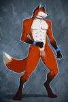 abs abstract_background anthro athletic balls biceps biped blue_eyes brown_body brown_fur brown_nose circumcised claws collar dipstick_tail flaccid fur genitals grin hair humanoid_genitalia humanoid_penis male markings muscular muscular_anthro muscular_male nude pecs penis pose simple_background smile solo standing tail tail_markings toe_claws white_balls white_body white_fur wristband spearfrost chipfox canid canine fox mammal red_fox true_fox 2012 pinup