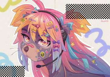 accessory alien_symbol_(symbol) anthro astrological_symbol astronomical_symbol band-aid bandage bangs bodily_fluids bow_ribbon electronics hair hair_accessory headgear headphones headset heart_eyes heart_symbol long_hair looking_at_viewer looking_back male pink_hair planet_symbol pouting solo star sticker symbol teardrop tears deadishwolf mirror_test hoshi_(mirror_test) mammal mustelid otter sea_otter headshot_portrait portrait