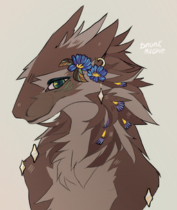 accessory anthro arm_spikes biped brown_body brown_fur brown_hair ear_jewelry ear_piercing facial_markings female flower flower_in_hair fur green_eyes green_markings hair hair_accessory head_markings looking_at_viewer markings neck_tuft nude piercing plant shoulder_spikes shy solo spikes spikes_(anatomy) tuft drunkmagpie sergal bust_portrait digital_media_(artwork) hi_res portrait signature