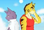 anthro awkward back_to_back clothed clothing duo eyebrows fur male scratching side_view sky standing thick_eyebrows paomer morenatsu shin_(morenatsu) torahiko_(morenatsu) domestic_cat felid feline felis mammal pantherine tiger digital_media_(artwork) half-length_portrait hi_res portrait