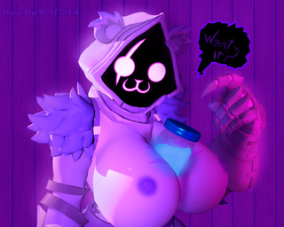anthro big_breasts breasts chug_jug clothed clothing container davethew0lfnsfw dialogue female gesture hand_gesture holding_with_breast hood jar pointing purple_eyes solo speech_bubble text topless topless_female epic_games fortnite raven_team_leader bear mammal 3d_(artwork) 5:4 digital_media_(artwork) hi_res