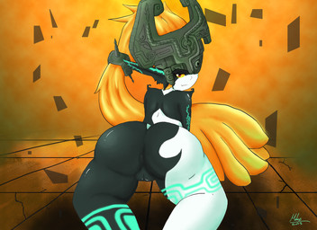 anus big_butt black_body black_skin butt female fused_shadow genitals hair headgear kneeling long_ears long_hair looking_at_viewer looking_back looking_back_at_viewer markings not_furry nude presenting presenting_hindquarters presenting_vulva red_eyes shortstack shortstack_female solo vulva white_body white_skin yellow_sclera no_routine nintendo the_legend_of_zelda twilight_princess midna humanoid imp twili 2013 signature