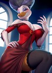 anthro beak big_breasts black_hair breasts choker cleavage clothed clothing dress eyelashes eyeshadow female hair hand_on_hip jewelry legwear looking_at_viewer makeup mascara mature_female necklace purple_eyelashes purple_eyeshadow red_clothing red_dress small_waist smile solo thigh_highs pakwan008 darkwing_duck disney ducktales morgana_macawber anatid anseriform avian bird duck 2024 hi_res