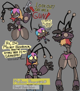 2_toes 4_fingers antennae_(anatomy) anthro biped blue_hair blue_tongue breasts bulge butt clothed clothing countershade_legs countershade_thighs countershading dialogue digitigrade feet fingers grey_background grey_body grey_inner_ear_fluff grin gun gynomorph hair hands_behind_head inner_ear_fluff intersex machine multicolored_hair navel open_mouth orange_hair panties partially_clothed pink_clothing pink_hair pink_panties pink_underwear purple_clothing purple_hair purple_shirt purple_topwear ranged_weapon red_hair scut_tail shirt short_tail side_boob simple_background small_breasts smile solo speech_bubble standing tail text thick_thighs toes tongue topwear tuft underwear weapon wide_hips slitherkitty funko_pop! melbot_(melody_nosurname) deer mammal robot 2025 english_text hi_res multiple_images