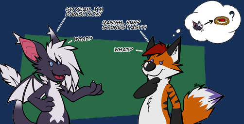 blue_eyes dialogue duo female food hair humor male misunderstanding pastry pun purple_eyes red_hair tail text thought_bubble white_hair wings soriano mythology canid canine dragon fox humanoid mammal mythological_creature mythological_scalie scalie alpha_channel english_text hi_res