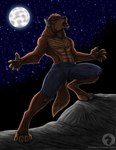 4_toes 5_fingers abs anthro athletic athletic_anthro athletic_male black_claws black_lips black_nose black_pawpads bottomwear broad_shoulders chin_tuft claws clothed clothing digitigrade eyes_closed facial_tuft feet finger_claws fingers forest full_moon head_back head_tuft howl lips logo male mane moon night on_rock open_mouth outside pawpads paws pecs plant rock sky solo standing star tail teeth text toe_claws toes tongue topless torn_bottomwear torn_clothing tree tuft ravenfire5 mythology canid canine canis mammal mythological_canine mythological_creature were werecanid werecanine werewolf wolf artist_logo artist_name