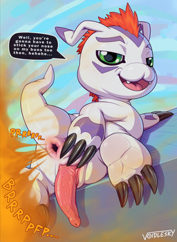 3_toes animal_genitalia anus claws fart fart_cloud fart_fetish feet feral genital_slit genitals male male_farting paws penis presenting presenting_anus presenting_penis slit_penis smile soles spread_slit text toe_claws toes young young_feral young_male voidlesky bandai_namco digimon digimon_(species) gomamon english_text hi_res