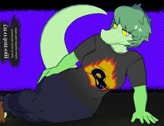 anthro big_breasts black_clothing black_shirt black_topwear bottomwear breasts clothed clothed_anthro clothed_female clothing definition female fingers freckled_arms freckled_face freckles front_view green_body green_hair grey_bottomwear grey_clothing grey_eyes grey_pants hair hand_on_hip leaning looking_aside neutral_expression non-mammal_breasts pants pattern_background pose shirt short_hair simple_background sitting solo tail text topwear yellow_sclera anaroth cavemanon_studios i_wani_hug_that_gator olivia_halford baryonyx dinosaur prehistoric_species reptile saurischian scalie spinosaurid theropod 3d_(artwork) colored digital_media_(artwork) english_text hi_res shaded