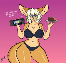 anthro big_ears blonde_hair blue_eyes breasts cake cake_slice dessert dialogue ear_piercing ear_ring ears_up eyebrows eyelashes female food fur hair holding_object holding_plate holding_steam_deck looking_at_viewer mature_female navel open_mouth orange_body orange_fur piercing plate ring_piercing smile smiling_at_viewer solo tail text tongue chisheq steam_deck valve_corporation valve_hardware sandra_(chisheq) canid canine fennec_fox fox mammal true_fox hi_res meme